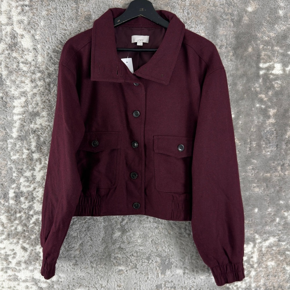 New LOFT Size M Wool Blend Cropped Utility Bomber Jacket Burgundy Long Sleeve